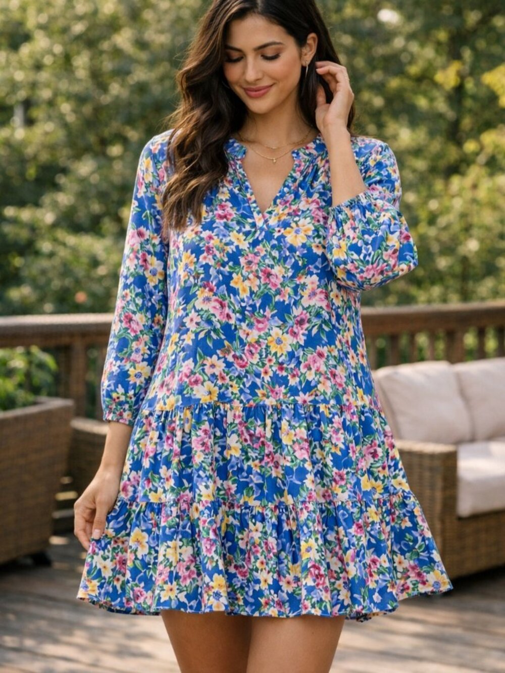 Sugarlips Blue Multi Floral Tiered Tunic Dress